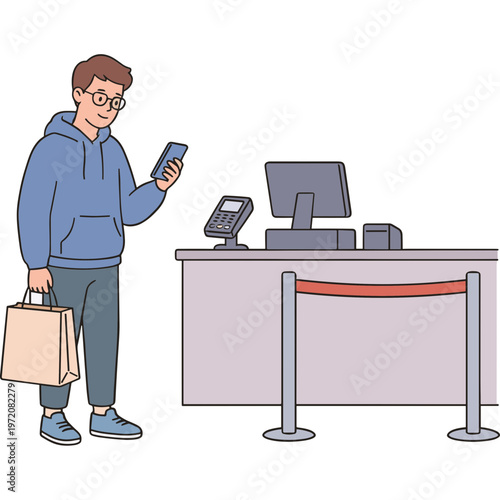 Man using phone at checkout counter with shopping bag and cashier screen