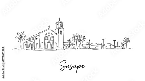 Susupe Saipan skyline featuring Mount Carmel Cathedral minimalist continuous line art vector illustration
