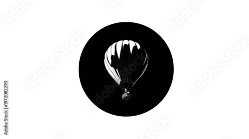 A white hot air balloon, with black shadows, inside of a black circle on a white background