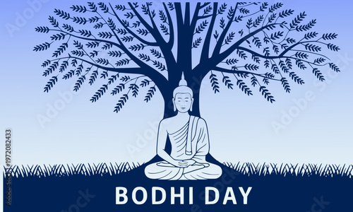  Bodhi Day serene illustration of Buddha meditating under Bodhi tree on blue gradient background, perfect for Buddhist celebrations, spiritual blogs, meditation awareness posts
