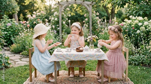 Young girls having tea in garden.