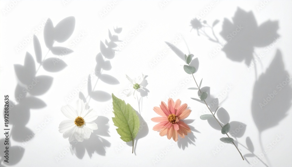 Obraz premium Soft white background with colorful flower shadows, pink daisy, green leaves, and delicate floral silhouettes