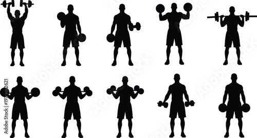 Weightlifting and strength training silhouettes collection, athletes performing barbell and dumbbell exercises, bodybuilding workout poses, fitness concept isolated on white background set