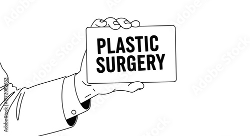Minimalist black and white line art vector illustration showing a person's hand (likely a doctor or surgeon) holding a card that reads "Plastic Surgery.