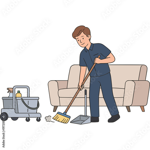 Man cleaning floor with broom and dustpan beside sofa and cart