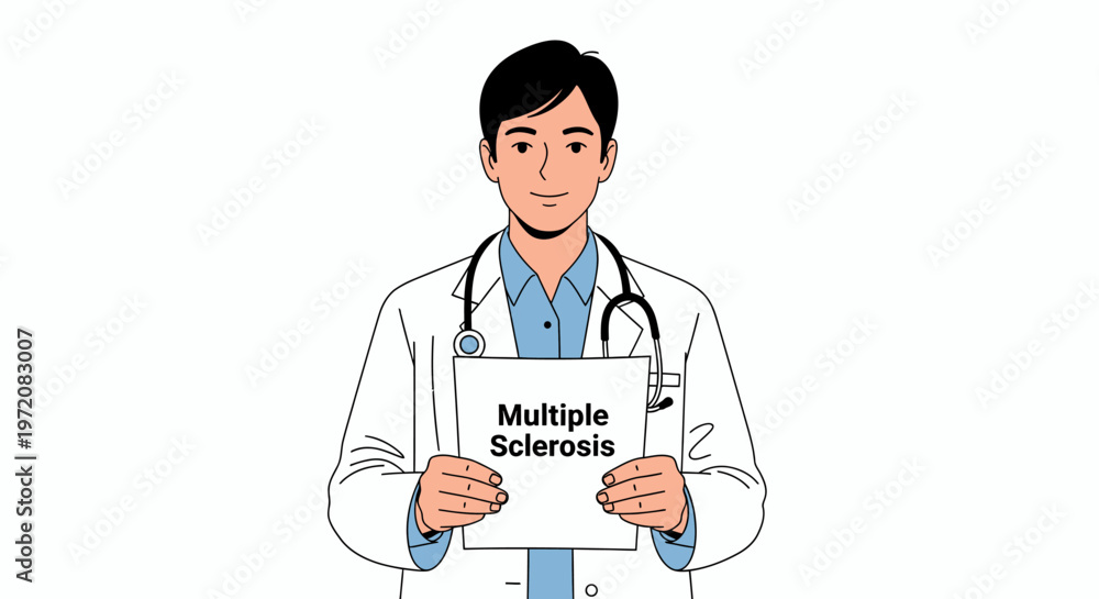 Fototapeta premium Male Doctor Character Holding a Board with Multiple Sclerosis Text Illustration.