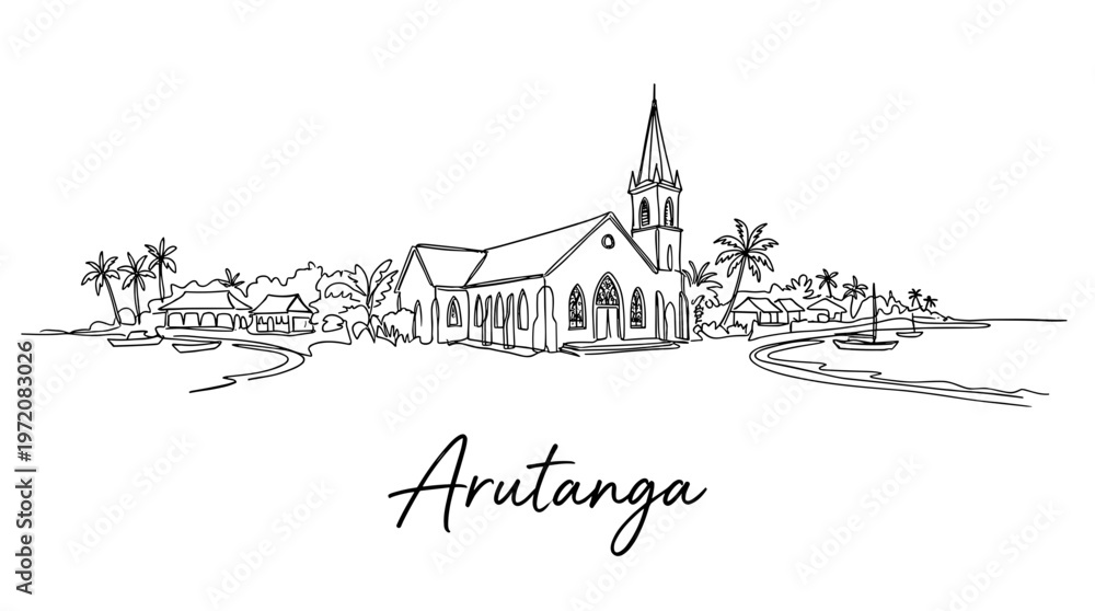 Fototapeta premium Arutanga Cook Islands coastal church landscape in single line art vector illustration