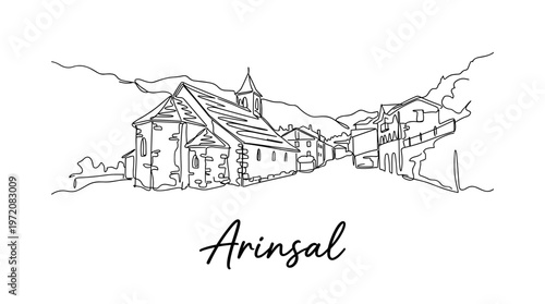 Arinsal Andorra village street with church continuous line art vector illustration