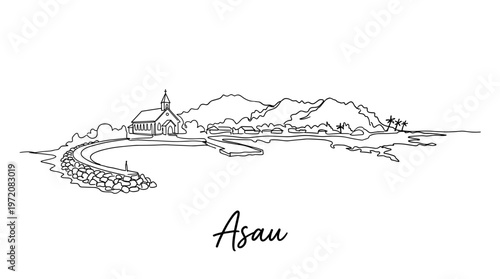 Asau Samoa coastal skyline with church and mountains minimalist one line drawing vector