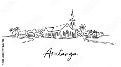 Arutanga Cook Islands coastal church landscape in single line art vector illustration