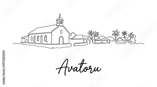 Avatoru French Polynesia village skyline with church continuous line art vector illustration