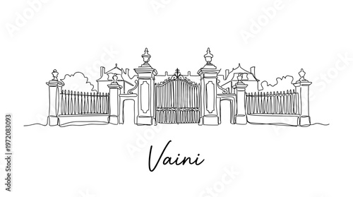Continuous one line drawing of ornate estate gate with Vaini text vector illustration