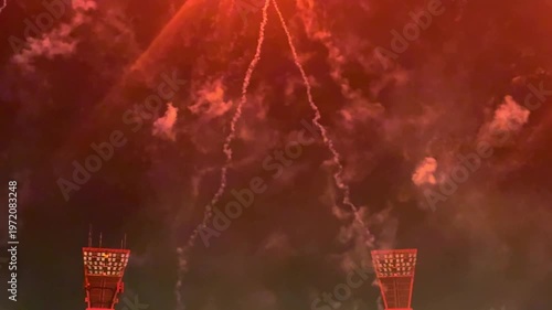 fireworks, colourful fire works lighting the night skies with vivid multi colours glowing colours of Easter Show of the fireworks producing beautiful lighting rainbow colourful effects Sydney NSW Aust