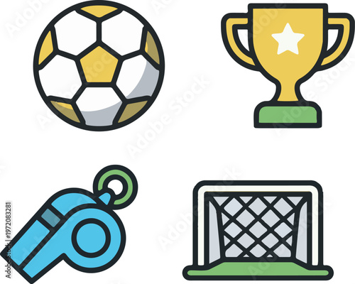 Soccer Championship Award Icons, Trophy Cup, Ball and Referee Whistle
