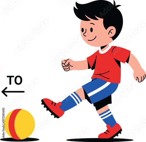 A boy in a red shirt kicking a yellow soccer ball forward