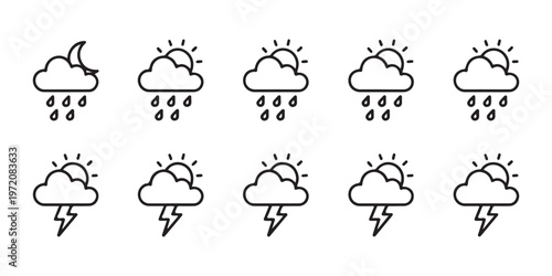 Collection of weather icons showing clouds rain moon lightning and sun for forecasts and weather conditions.