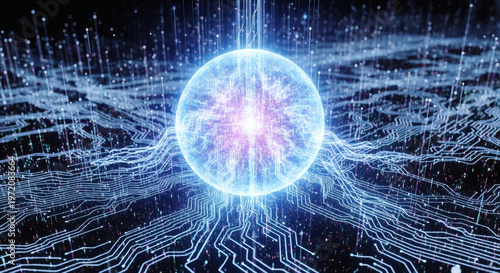 Glowing quantum energy core at the heart of an intricate digital network, symbolizing the complex architecture of advanced artificial intelligence and futuristic technological innovation