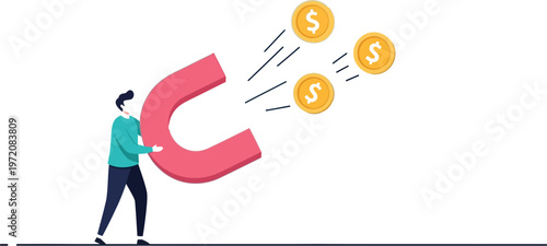 A man using a large magnet to attract dollar coins easily