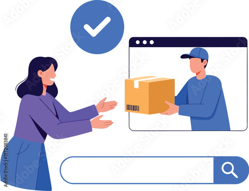 A woman receiving a package from a delivery man 