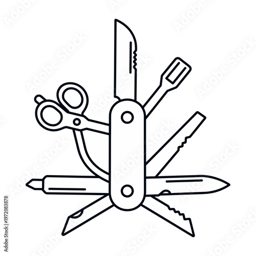Vector of a versatile multi-tool pocket knife featuring various attachments