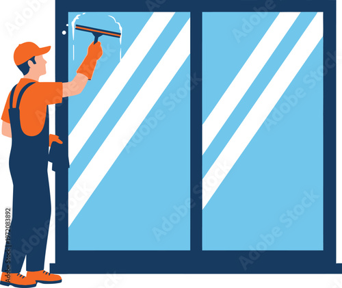 A man cleaning a large window with a squeegee