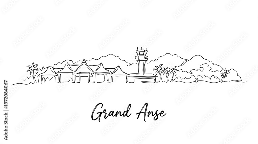 Obraz premium Grand Anse Seychelles airport skyline continuous line drawing isolated on white background