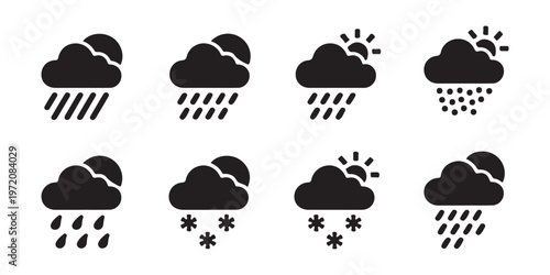 Filled weather icons represent rain snow storm sun and moon conditions for weather apps and forecasting.