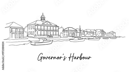 Governor's Harbour Bahamas waterfront skyline single line drawing vector illustration