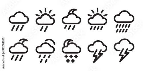 Variety of weather icons representing different meteorological conditions like rain snow storm sun and moon.