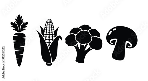 Black silhouettes of carrot, corn broccoli and mushroom carrot, corn, broccoli