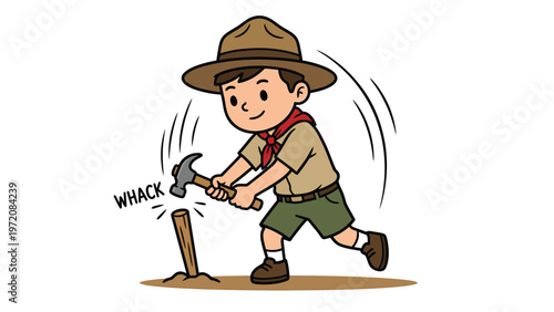 Young cartoon scout hammering a wooden stake into the ground. Happy boy engaged in outdoor activity or camping illustration.