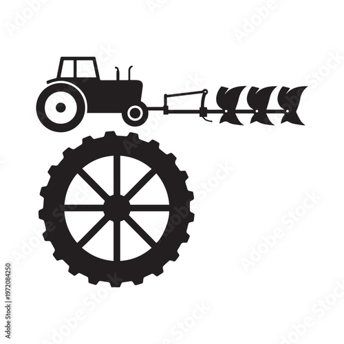 Black Silhouette of a Modern Farm Tractor Pulling a Three-Bottom Moldboard Plow.