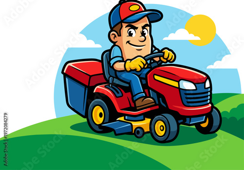 Man Riding Lawn Mower Tractor.