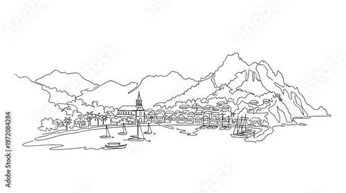 Mediterranean coastal town harbor with mountains and sailboats continuous line art vector