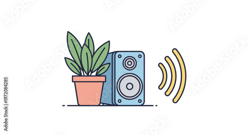 Plant in pot next to speaker.