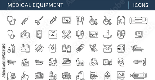 Medical equipment outline icons set with stethoscope syringe wheelchair monitors hospital tools healthcare devices vector line collection