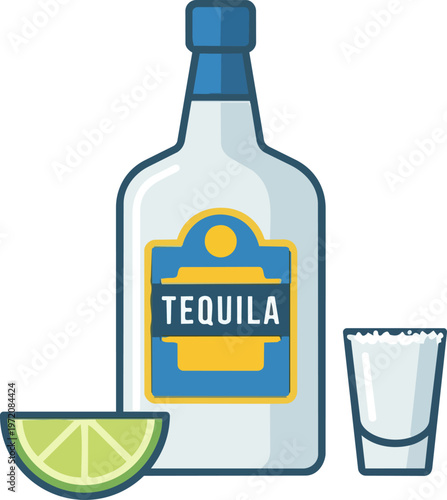 Tequila bottle with lime and glass.