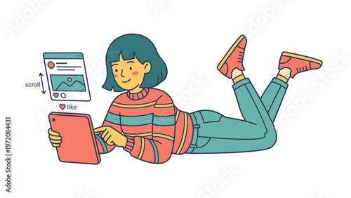 Young woman engaging with social media on tablet. Flat vector illustration of online activity and digital content interaction.