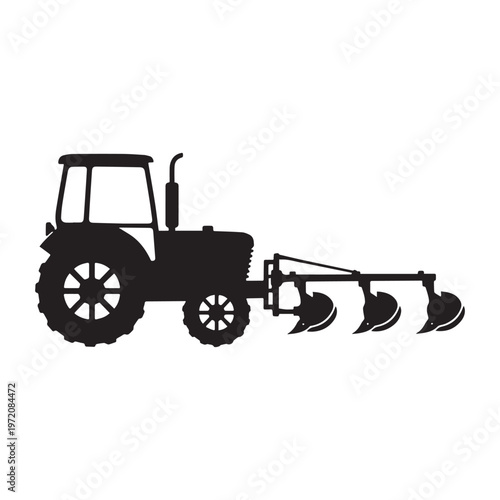 Black Silhouette of a Modern Farm Tractor Pulling a Three-Bottom Moldboard Plow.