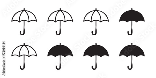 Minimalist umbrella icon set featuring outline and solid styles for weather protection and fashion concepts.