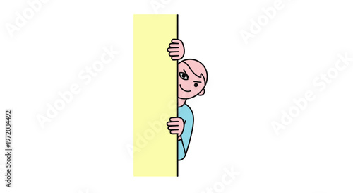 Cartoon child hiding behind sign.
