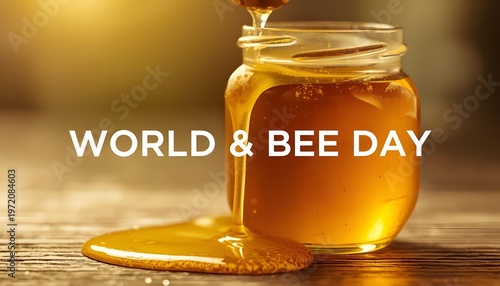A glass jar of honey with a golden liquid spilling out onto a wooden surface