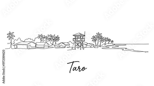 Minimalist tropical beach landscape with palm trees and lifeguard tower vector illustration