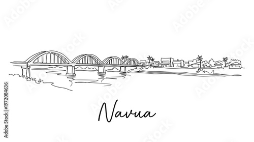 Navua Fiji city skyline with bridge and river continuous line drawing vector illustration
