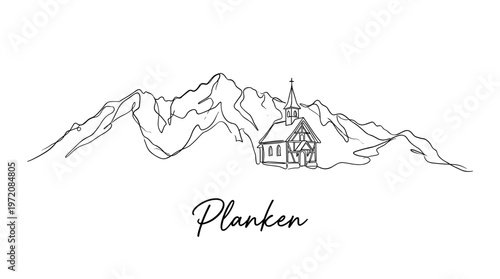 Planken Liechtenstein skyline with mountains and church minimalist one line art vector