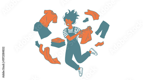 Smiling woman organizing clothes in a heart shape, symbolizing fashion, laundry, or sustainable wardrobe.