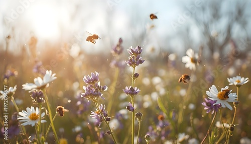 A serene field of wildflowers with bees flying around them in a natural landscape