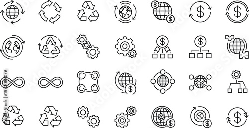 Minimal thin line global business finance workflow and recycling icon set with money currency network gear process and exchange symbols