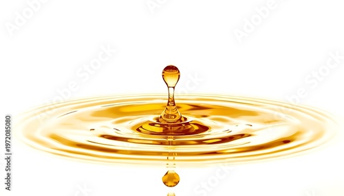 A close-up shot of a golden liquid droplet creating ripples in a pool of water on a white background