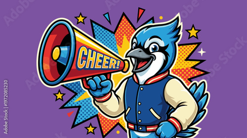 Blue jay holding megaphone loud.